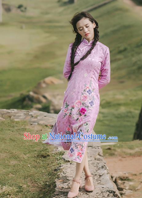 Chinese National Pink Silk Qipao Dress Traditional Costumes Tang Suit Cheongsam for Women