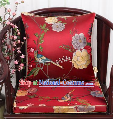 Chinese Classical Household Ornament Flowers and Birds Pattern Red Brocade Back Cushion Cover and Armchair Mat