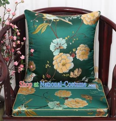 Chinese Classical Household Ornament Flowers and Birds Pattern Green Brocade Back Cushion Cover and Armchair Mat