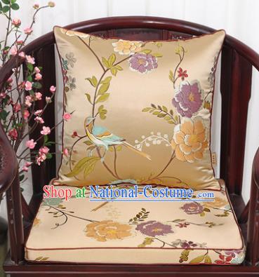 Chinese Classical Household Ornament Flowers and Birds Pattern Golden Brocade Back Cushion Cover and Armchair Mat