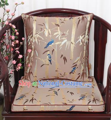 Chinese Classical Household Ornament Bamboo Pattern Khaki Brocade Back Cushion Cover and Armchair Mat