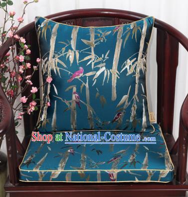 Chinese Classical Household Ornament Bamboo Pattern Blue Brocade Back Cushion Cover and Armchair Mat