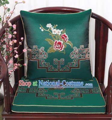 Chinese Classical Household Ornament Plum Blossom Peony Pattern Green Brocade Back Cushion Cover and Armchair Mat