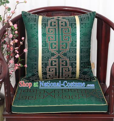 Chinese Classical Household Ornament Lucky Pattern Deep Green Brocade Back Cushion Cover and Armchair Mat