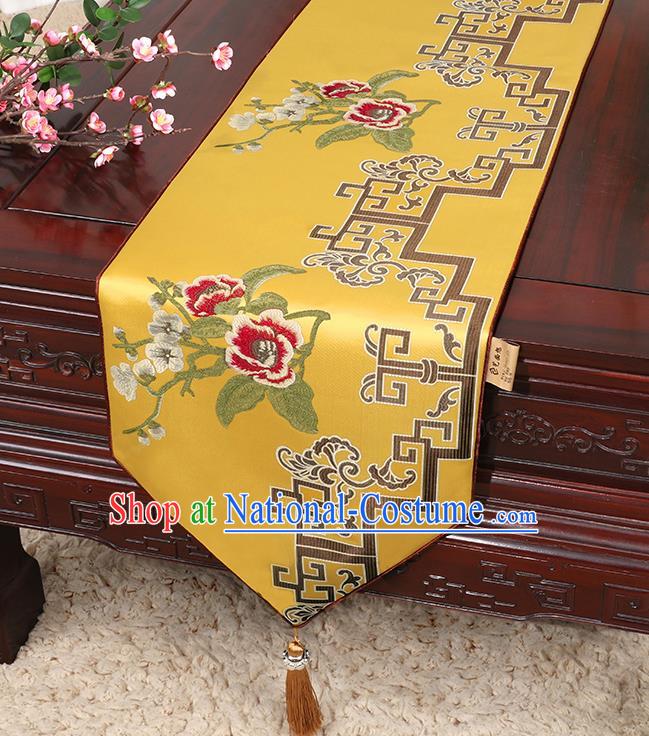 Chinese Classical Household Ornament Yellow Brocade Table Flag Traditional Handmade Embroidered Table Cloth