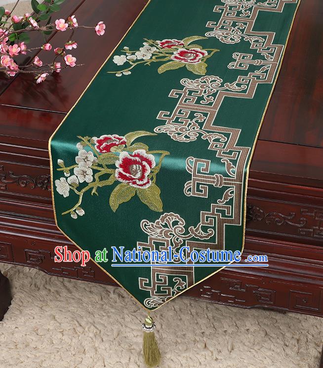 Chinese Classical Household Ornament Green Brocade Table Flag Traditional Handmade Embroidered Table Cloth