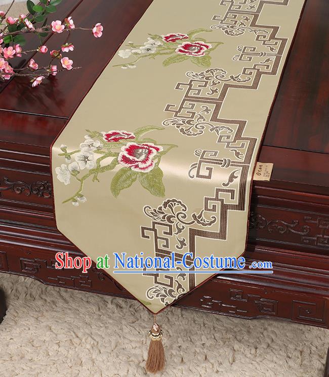 Chinese Classical Household Ornament Khaki Brocade Table Flag Traditional Handmade Embroidered Table Cloth