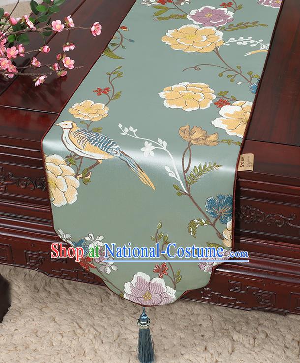 Chinese Classical Household Ornament Flowers and Bird Pattern Green Brocade Table Flag Traditional Handmade Table Cloth