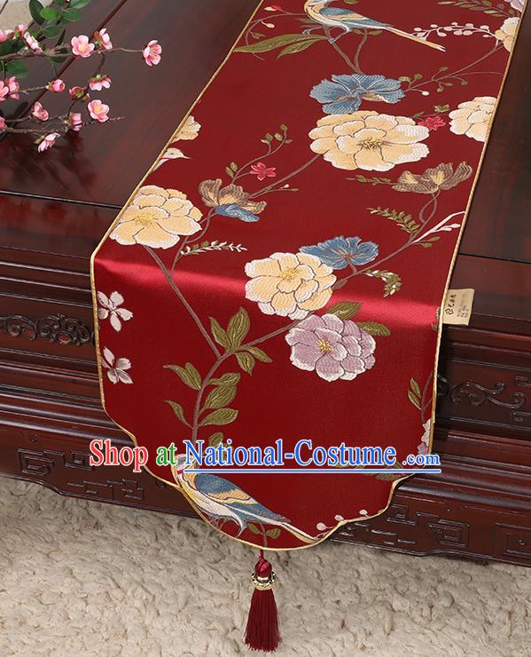 Chinese Classical Household Ornament Flowers and Bird Pattern Red Brocade Table Flag Traditional Handmade Table Cloth