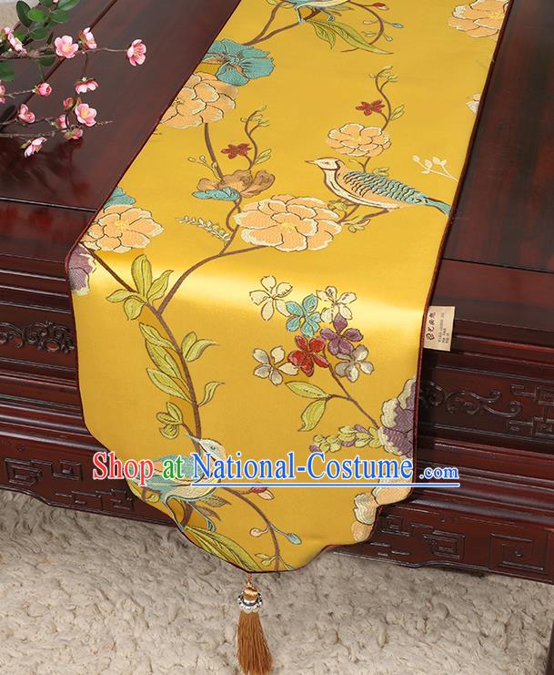 Chinese Classical Household Ornament Flowers and Bird Pattern Golden Brocade Table Flag Traditional Handmade Table Cloth