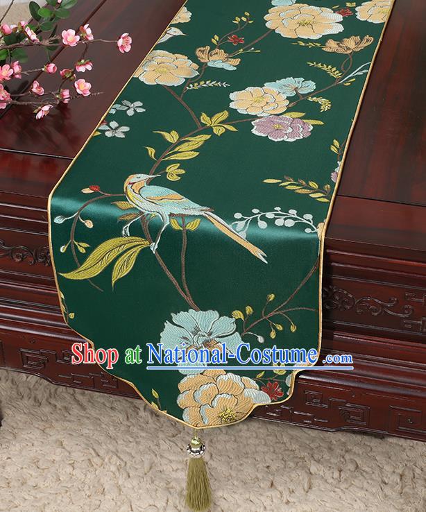 Chinese Classical Household Ornament Flowers and Bird Pattern Deep Green Brocade Table Flag Traditional Handmade Table Cloth