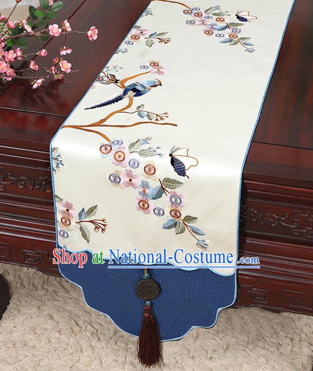 Chinese Classical Household Ornament Jade Pendant Tassel White Brocade Table Flag Traditional Handmade Table Cover Cloth