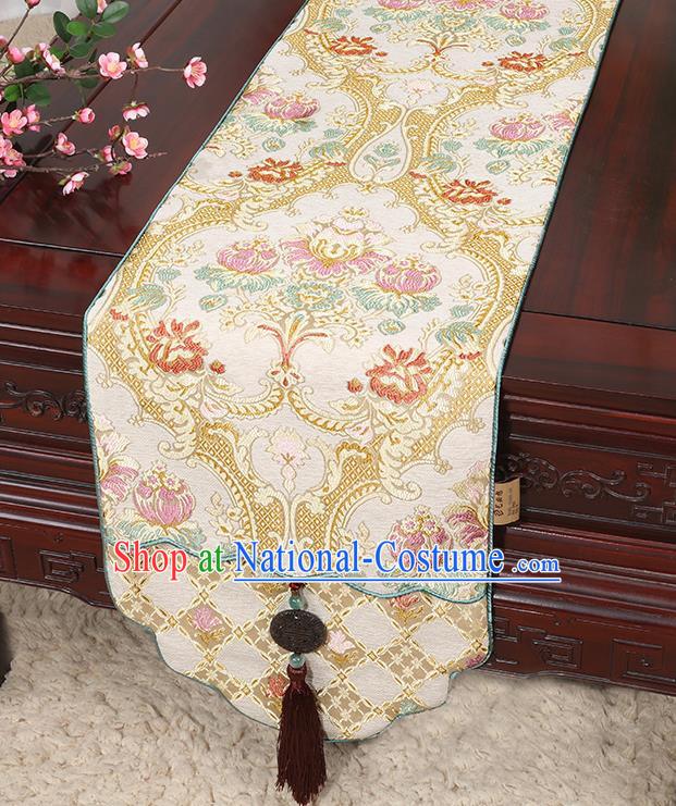 Chinese Classical Household Ornament Jade Pendant Tassel Brocade Table Flag Traditional Handmade Table Cover Cloth