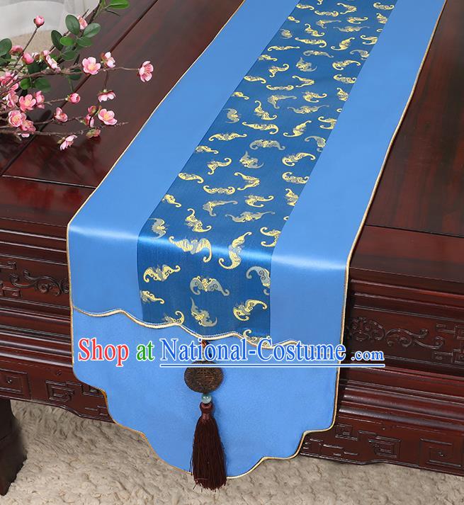 Chinese Classical Household Ornament Jade Pendant Tassel Royalblue Brocade Table Flag Traditional Handmade Table Cover Cloth