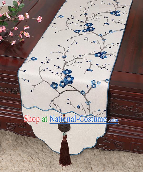 Chinese Classical Household Ornament Jade Pendant Blue Plum Blossom Pattern Brocade Table Flag Traditional Handmade Table Cover Cloth