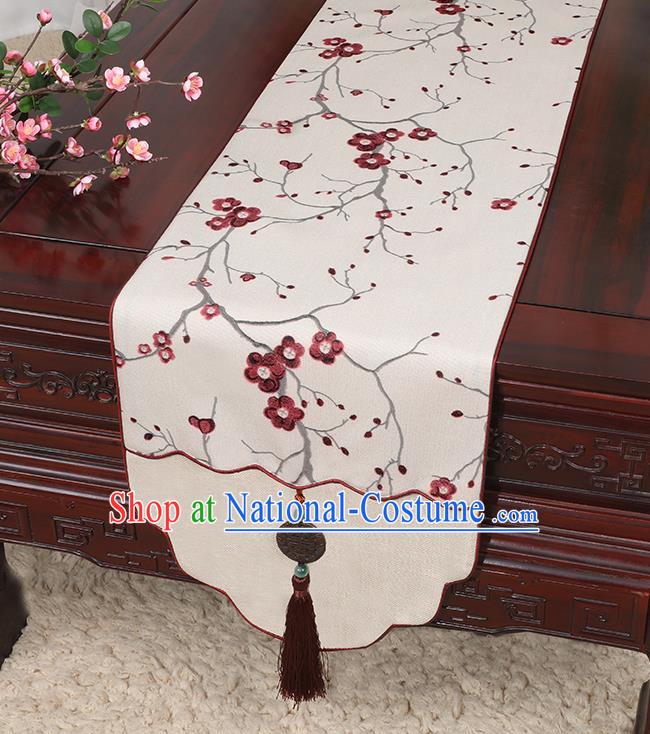 Chinese Classical Household Ornament Jade Pendant Red Plum Blossom Pattern Brocade Table Flag Traditional Handmade Table Cover Cloth