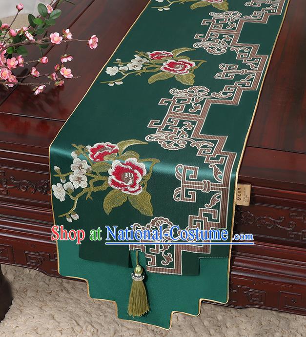 Chinese Classical Household Ornament Green Brocade Table Flag Traditional Handmade Jade Pendant Table Cover Cloth