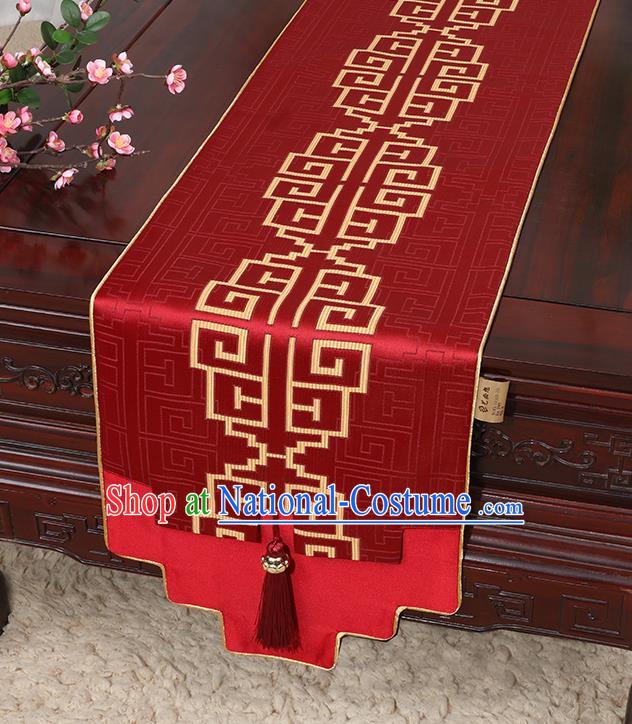 Chinese Classical Household Ornament Red Brocade Table Flag Traditional Handmade Jade Pendant Table Cover Cloth