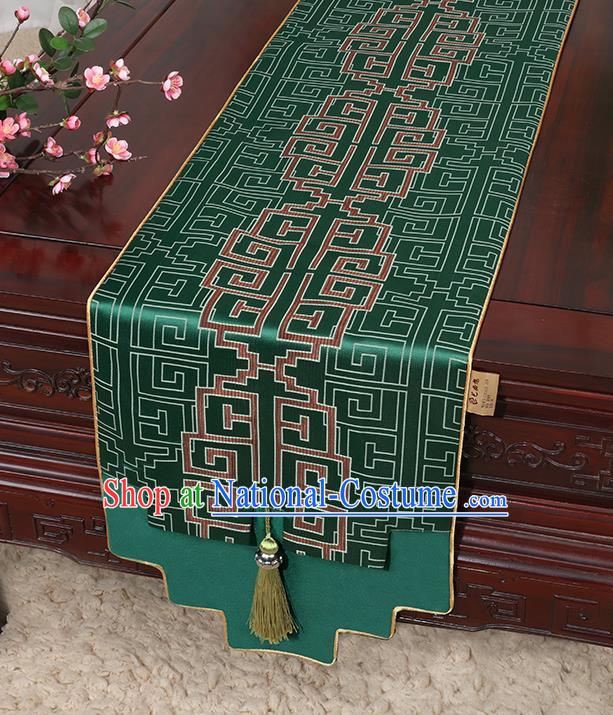 Chinese Classical Household Ornament Green Brocade Table Flag Traditional Handmade Jade Pendant Table Cover Cloth