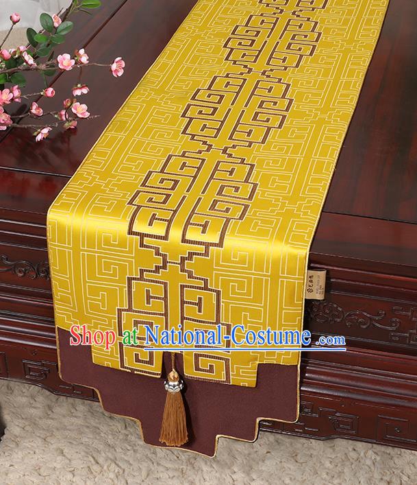 Chinese Classical Household Ornament Bright Yellow Brocade Table Flag Traditional Handmade Jade Pendant Table Cover Cloth