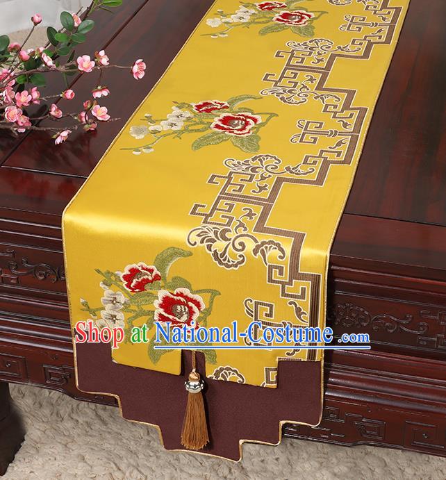 Chinese Classical Household Ornament Golden Brocade Table Flag Traditional Handmade Jade Pendant Table Cover Cloth