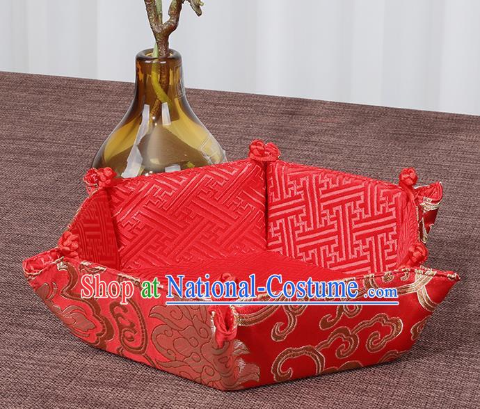 Chinese Traditional Household Accessories Classical Lotus Pattern Red Brocade Storage Box Candy Tray