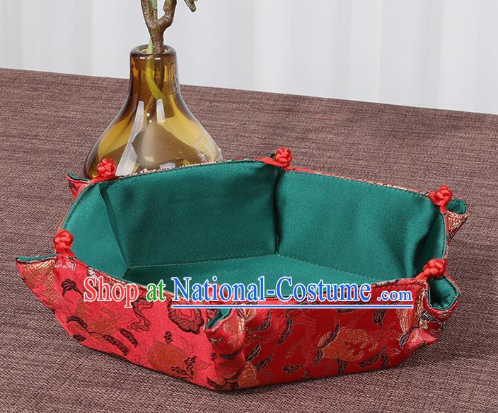 Chinese Traditional Household Accessories Classical Flowers Pattern Red Brocade Storage Box Candy Tray