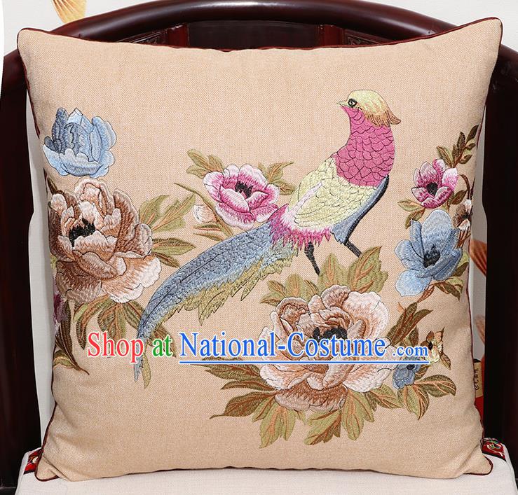 Chinese Classical Household Ornament Embroidered Bird Peony Back Cushion Cover