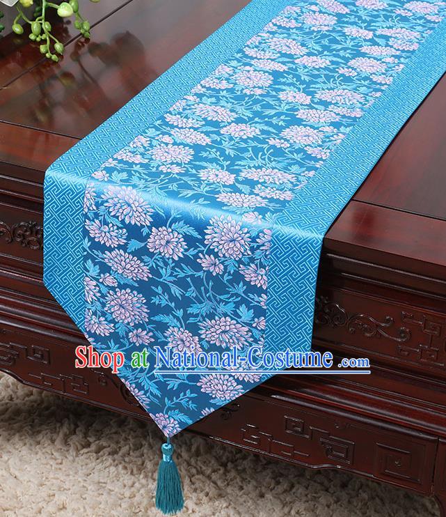 Chinese Traditional Table Cloth Classical Handmade Household Ornament Chrysanthemum Pattern Blue Brocade Table Flag