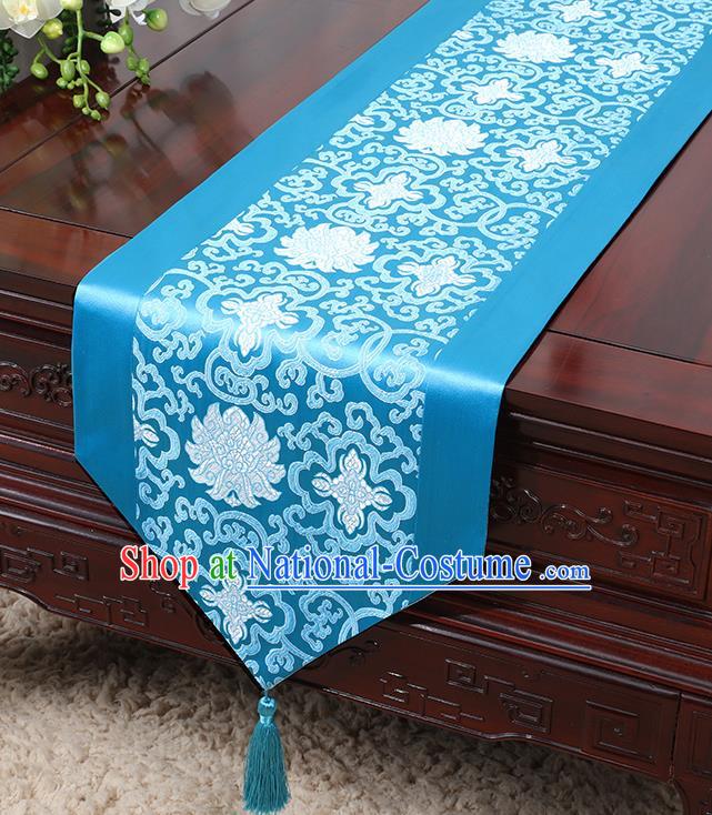 Chinese Traditional Table Cloth Classical Handmade Household Ornament Lotus Pattern Blue Brocade Table Flag