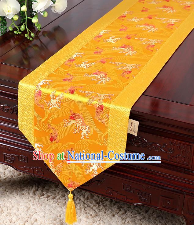 Chinese Traditional Table Cloth Classical Handmade Household Ornament Wave Pattern Golden Brocade Table Flag