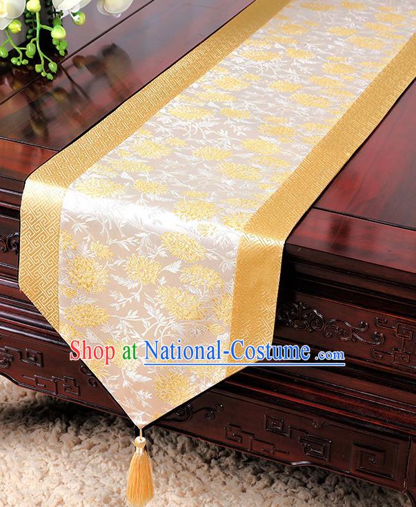 Chinese Traditional Table Cloth Classical Handmade Household Ornament Chrysanthemum Pattern Golden Brocade Table Flag