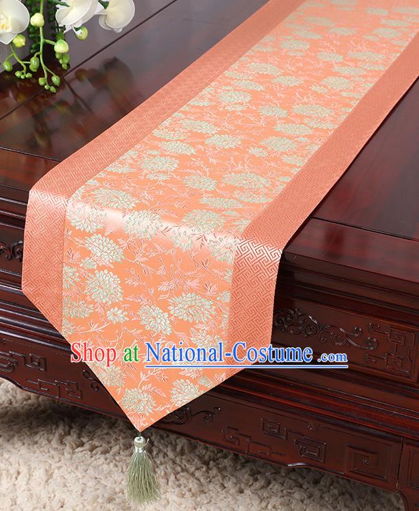 Chinese Traditional Table Cloth Classical Handmade Household Ornament Chrysanthemum Pattern Pink Brocade Table Flag