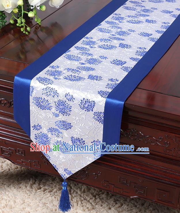 Chinese Traditional Table Cloth Classical Handmade Household Ornament Chrysanthemum Pattern Royalblue Brocade Table Flag