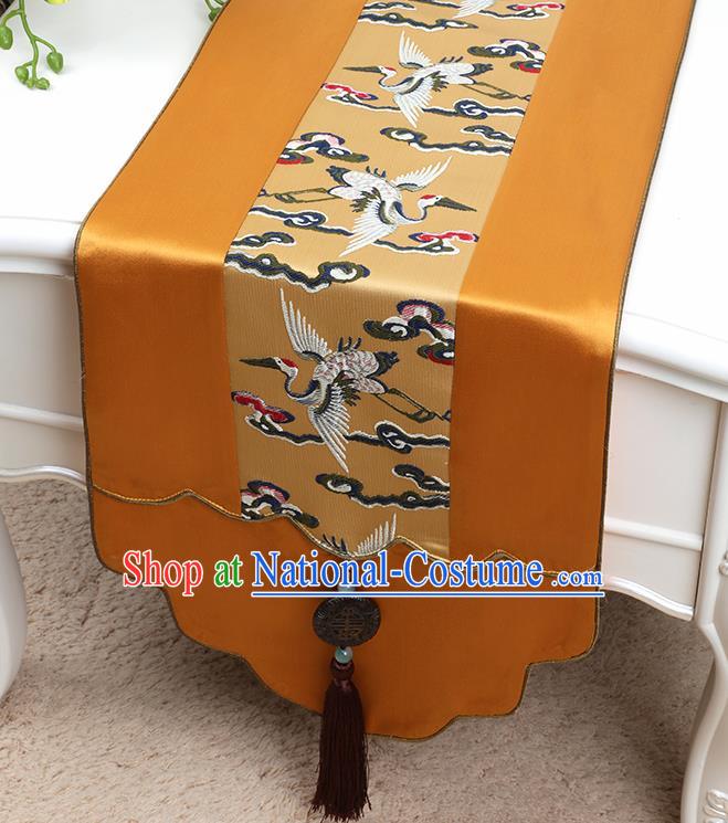 Chinese Traditional Golden Brocade Table Cloth Classical Embroidered Cranes Pattern Household Ornament Table Flag