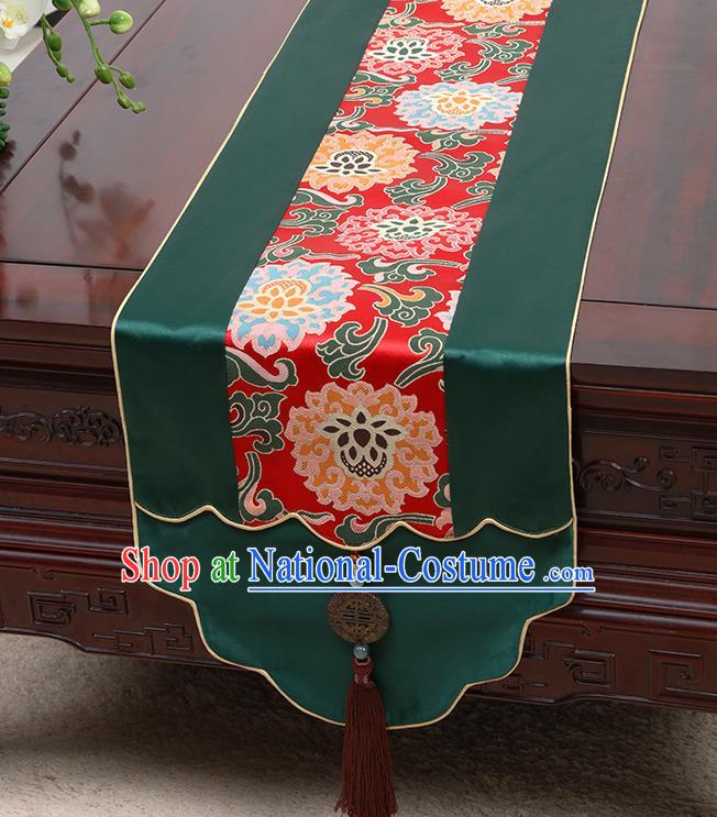 Chinese Traditional Green Brocade Table Cloth Classical Lotus Pattern Household Ornament Table Flag