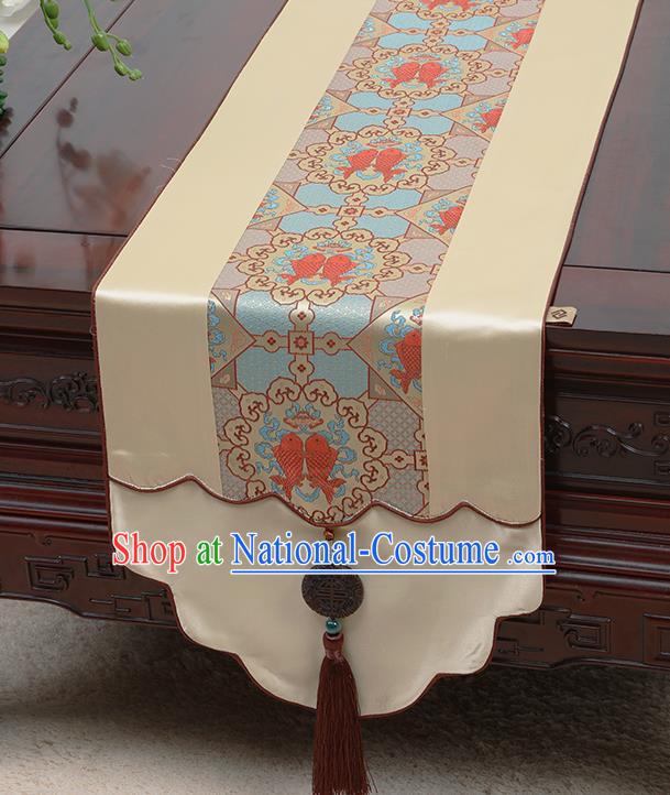 Chinese Traditional Beige Brocade Table Cloth Classical Fishes Pattern Satin Household Ornament Table Flag