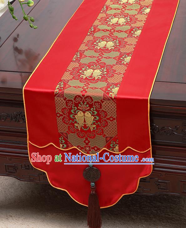 Chinese Traditional Red Brocade Table Cloth Classical Fishes Pattern Satin Household Ornament Table Flag