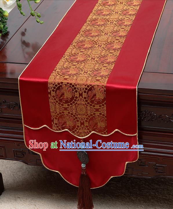 Chinese Traditional Wine Red Brocade Table Cloth Classical Pattern Satin Household Ornament Table Flag