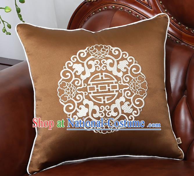 Chinese Traditional Embroidered Brown Brocade Back Cushion Cover Classical Household Ornament