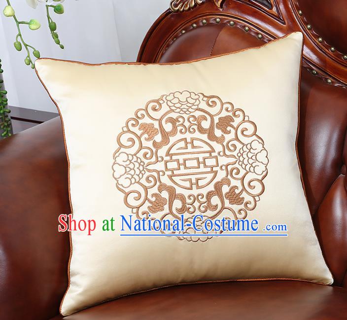 Chinese Traditional Embroidered Beige Brocade Back Cushion Cover Classical Household Ornament