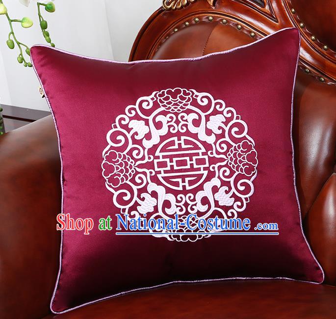 Chinese Traditional Embroidered Wine Red Brocade Back Cushion Cover Classical Household Ornament