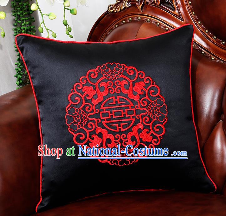 Chinese Traditional Black Brocade Back Cushion Cover Classical Embroidered Household Ornament