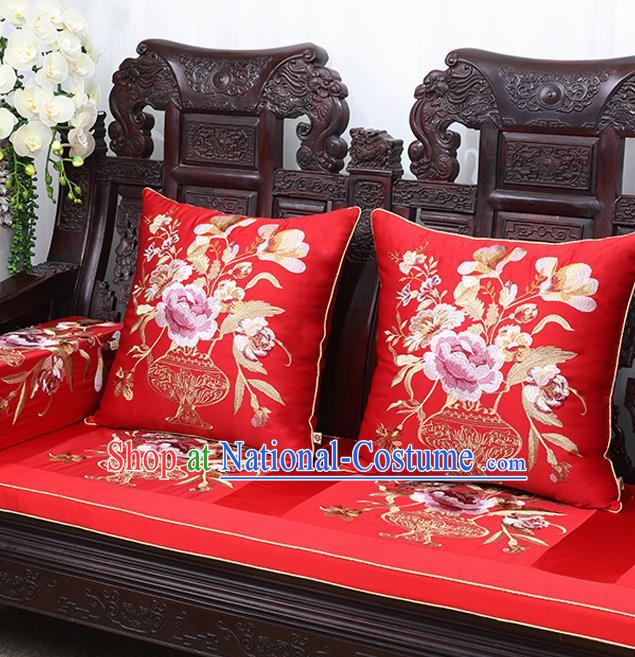 Chinese Traditional Embroidered Peony Red Brocade Back Cushion Cover Classical Household Ornament