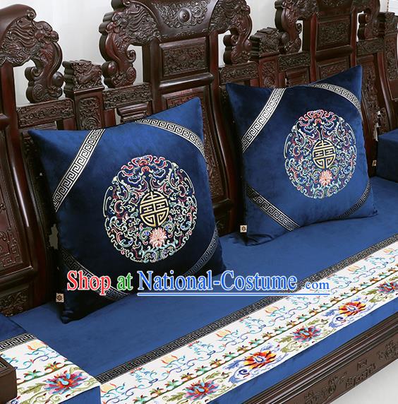 Chinese Traditional Embroidered Lotus Navy Brocade Back Cushion Cover Classical Household Ornament