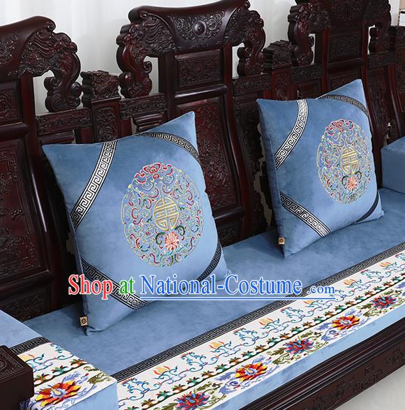 Chinese Traditional Embroidered Lotus Blue Brocade Back Cushion Cover Classical Household Ornament