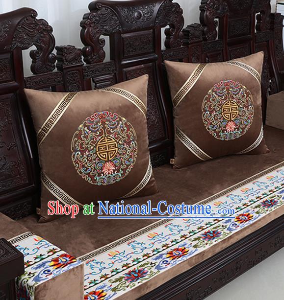 Chinese Traditional Embroidered Lotus Brown Brocade Back Cushion Cover Classical Household Ornament