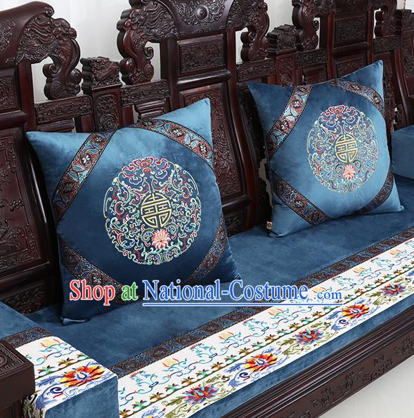 Chinese Traditional Embroidered Lotus Blue Brocade Back Cushion Cover Classical Household Ornament