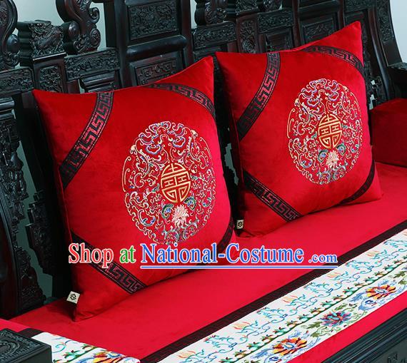 Chinese Traditional Embroidered Lotus Red Brocade Back Cushion Cover Classical Household Ornament