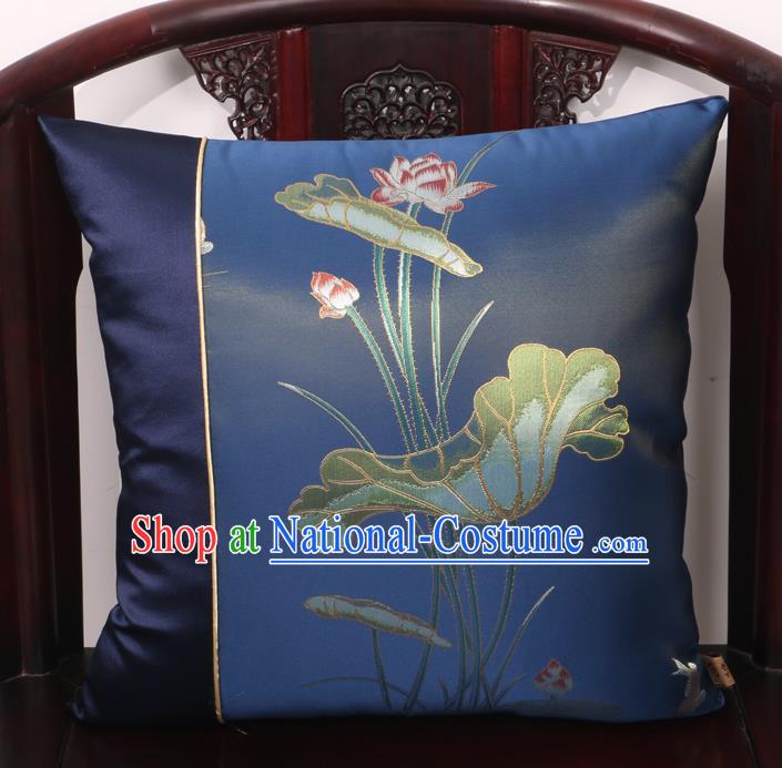 Chinese Traditional Lotus Pattern Navy Brocade Back Cushion Cover Classical Household Ornament